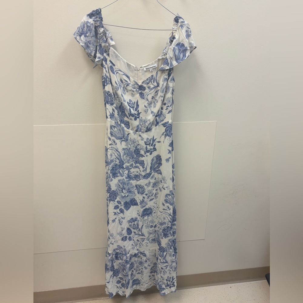 Reformation Blue and White Off-the-Shoulder Midi Dress